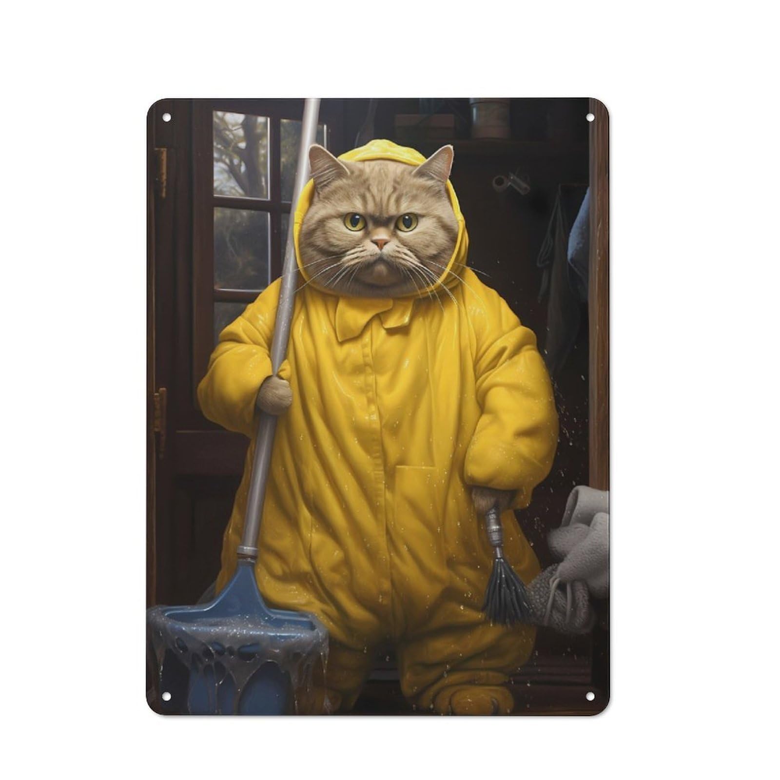 Metal Plaque 40x30cm with Fat Cat Cleaning Bathroom for Hallway Wall, Retro Decor, for Wall Display Collectors
