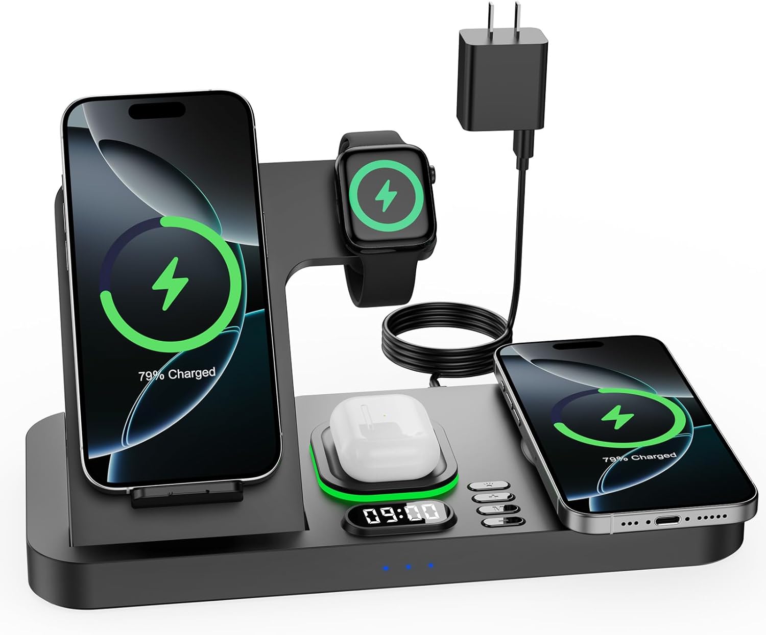 Dual Phone Wireless Charging Station for Apple Devices, Magnetic Charging Station for iPhone with Auto Switch 7-Color Light&Clock, Family Watch Charger for iPhone17 for iWatch10 for AirPods Pro3(Black Dual Phone Wireless Charging Station for Apple Devices, Magnetic Charging Station for iPhone with Auto Switch 7-Color Light&Clock, Family Watch Charger for iPhone17 for iWatch10 for AirPods Pro3(Black