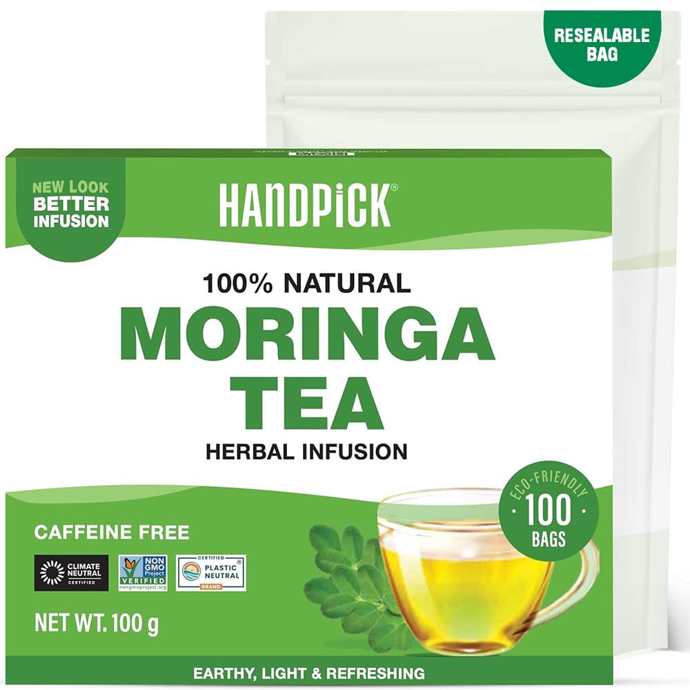 HANDPICK, Moringa Tea Bags (100 Count) Non-GMO, Caffeine Free, Pure Moringa Leaves | Sweet and Light Herbal Tea Bags, Round Eco-conscious Teabags