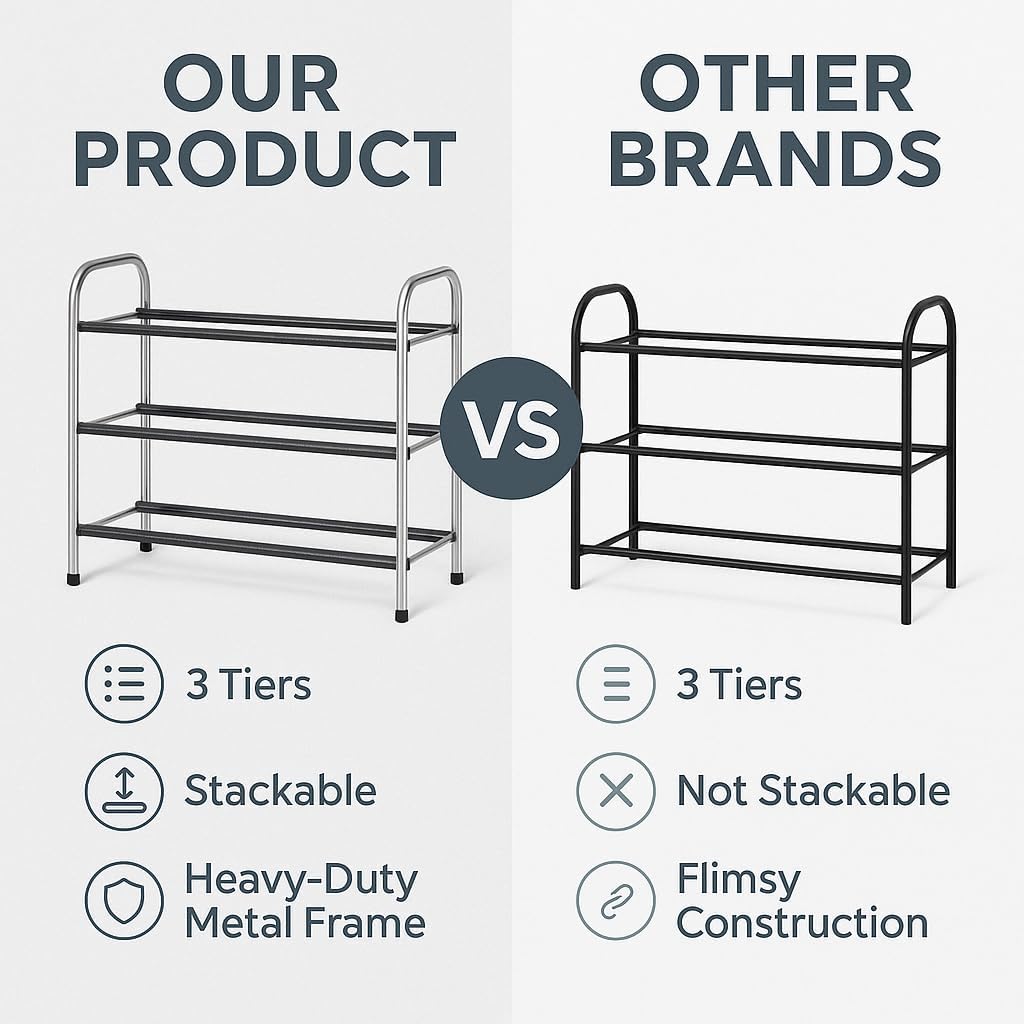 USTECH 3Tier Expandable Shoe Rack Adjustable Metal Storage Shelf Heavy-Duty Steel Frame for Closet Entryway Dorm Easy Clean Stackable Design Long Lasting and Reliable Shoe Organizer Solution