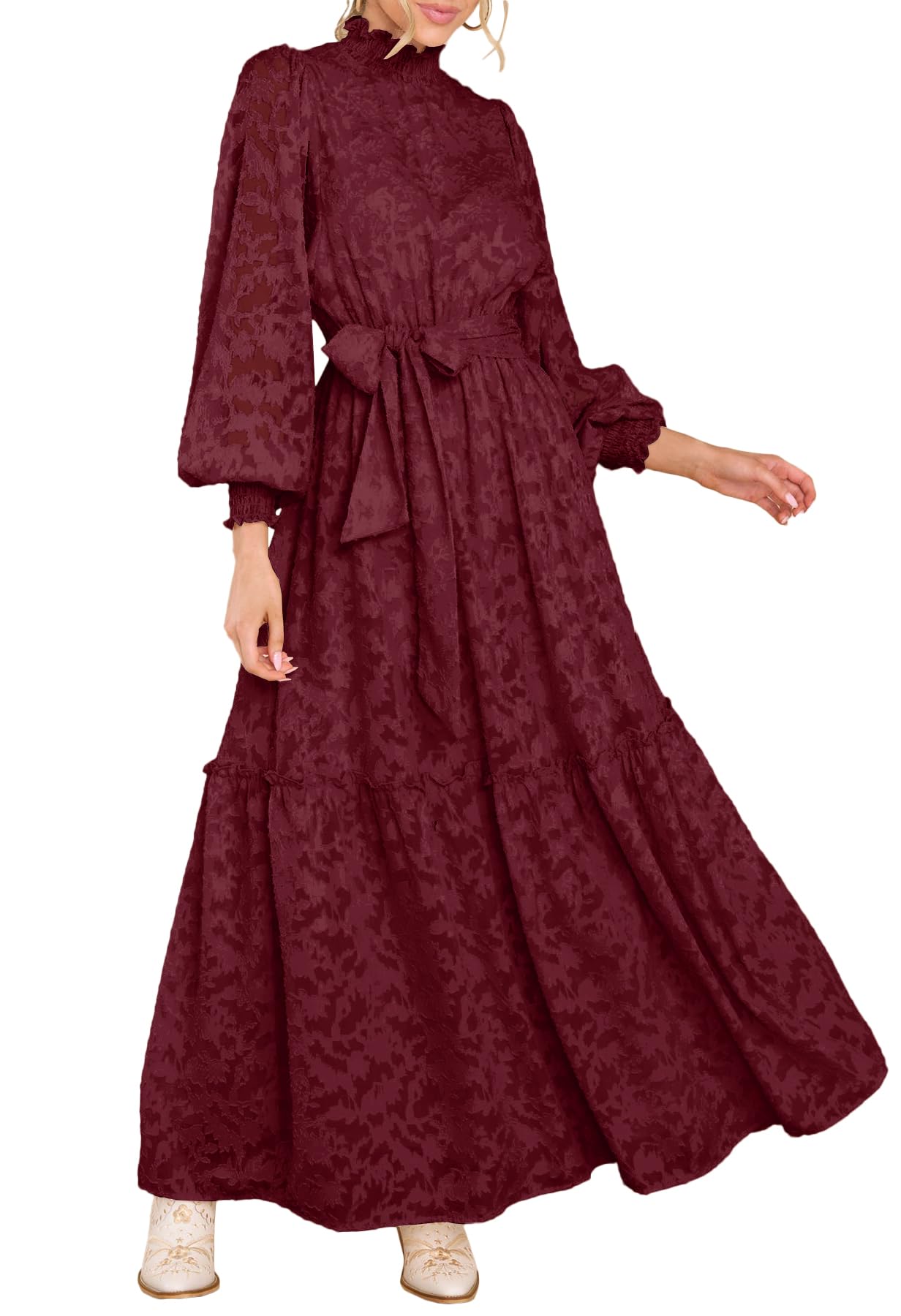 MITILLY Womens Fall Dresses Elegant Floral High Neck Long Sleeve Elastic Waist Formal Maxi Dress with Belt