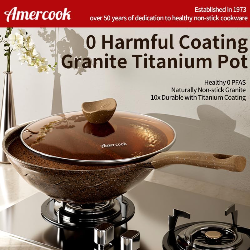 Amercook Alfita Maifan Stone 12.6-inch Non-Stick Frying Pan, Flat-bottom Granite Wok