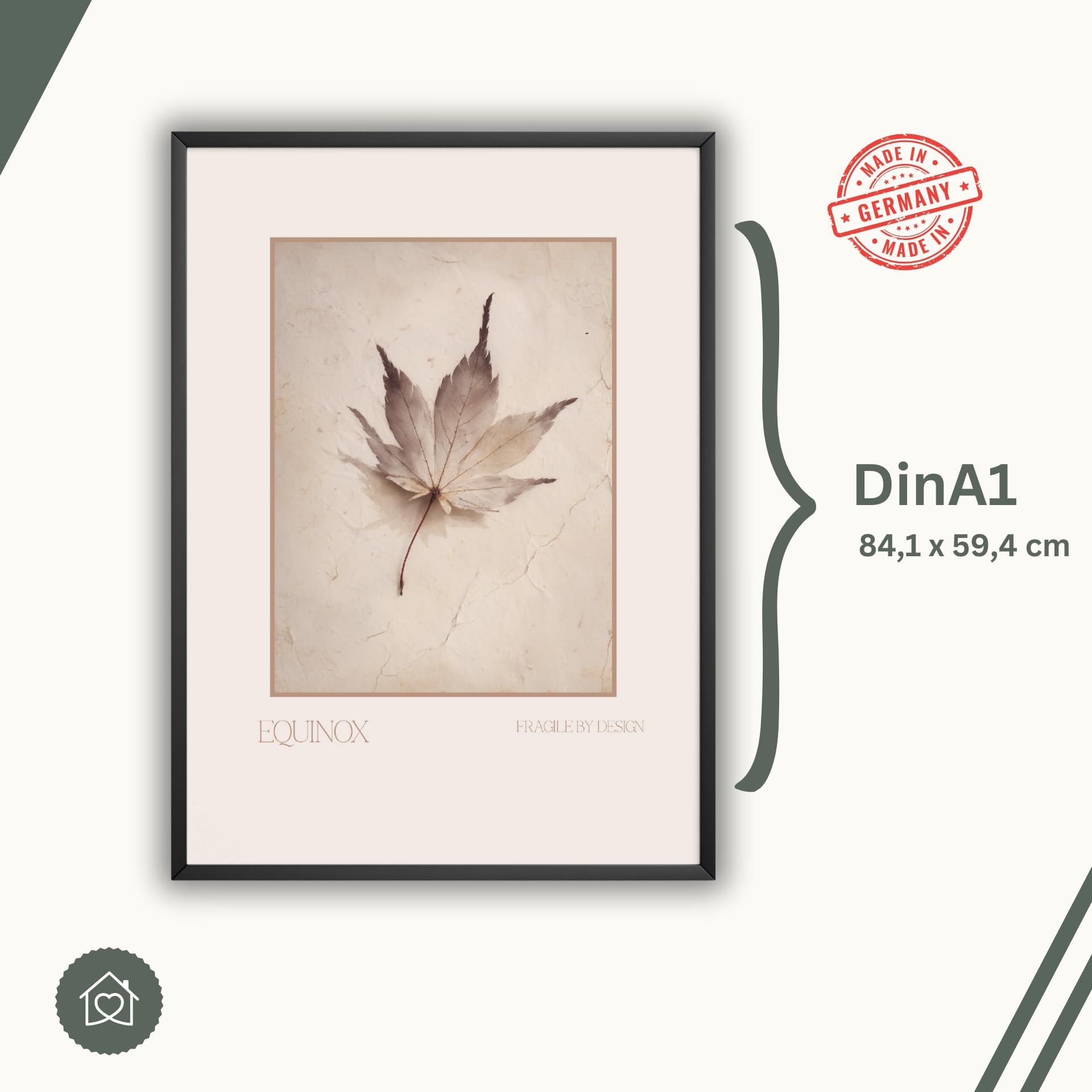 MJ-GRAPHICS® Poster Ahornblatt Beige Textur Kunstdruck Natur Ästhetisch Minimalistisch Wandbild Herbst Deko Wohnzimmer Skandi Design Boho Braun Stillleben – A2 Poster mit Rahmen Holz Braun