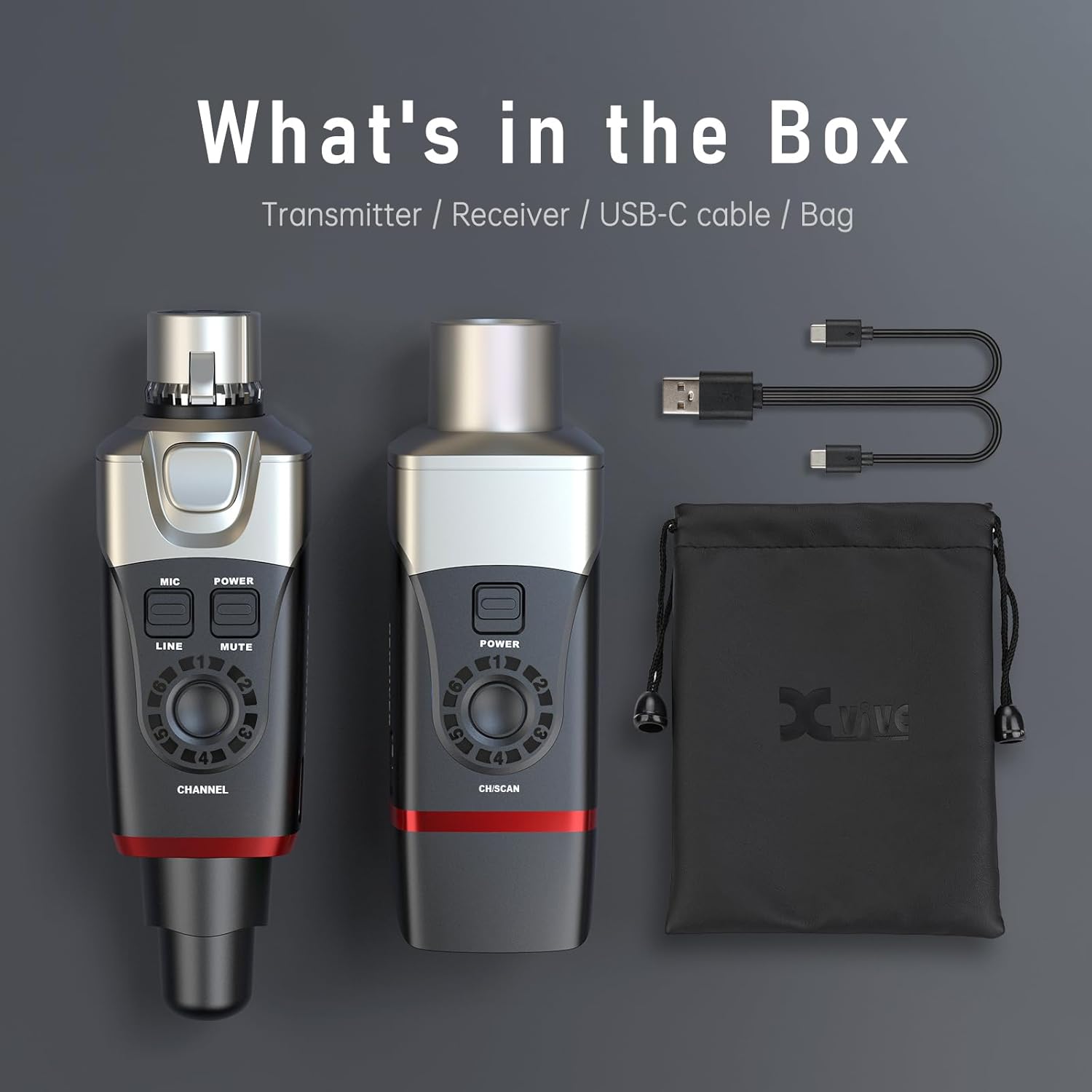Contents of Xvive U35 box: Transmitter, Receiver, USB-C cable, and PU bag