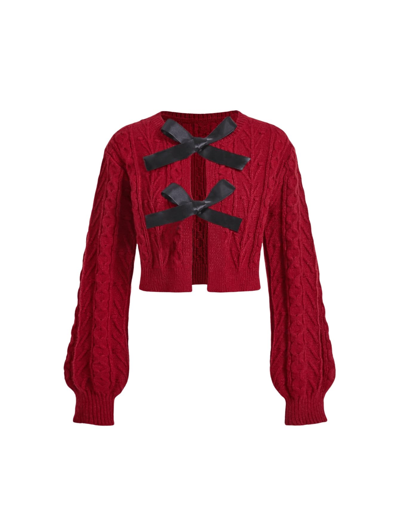 MakeMeChic Womens Bow Knot Cardigan Sweater Cable Knit Tie Front Crop Tops