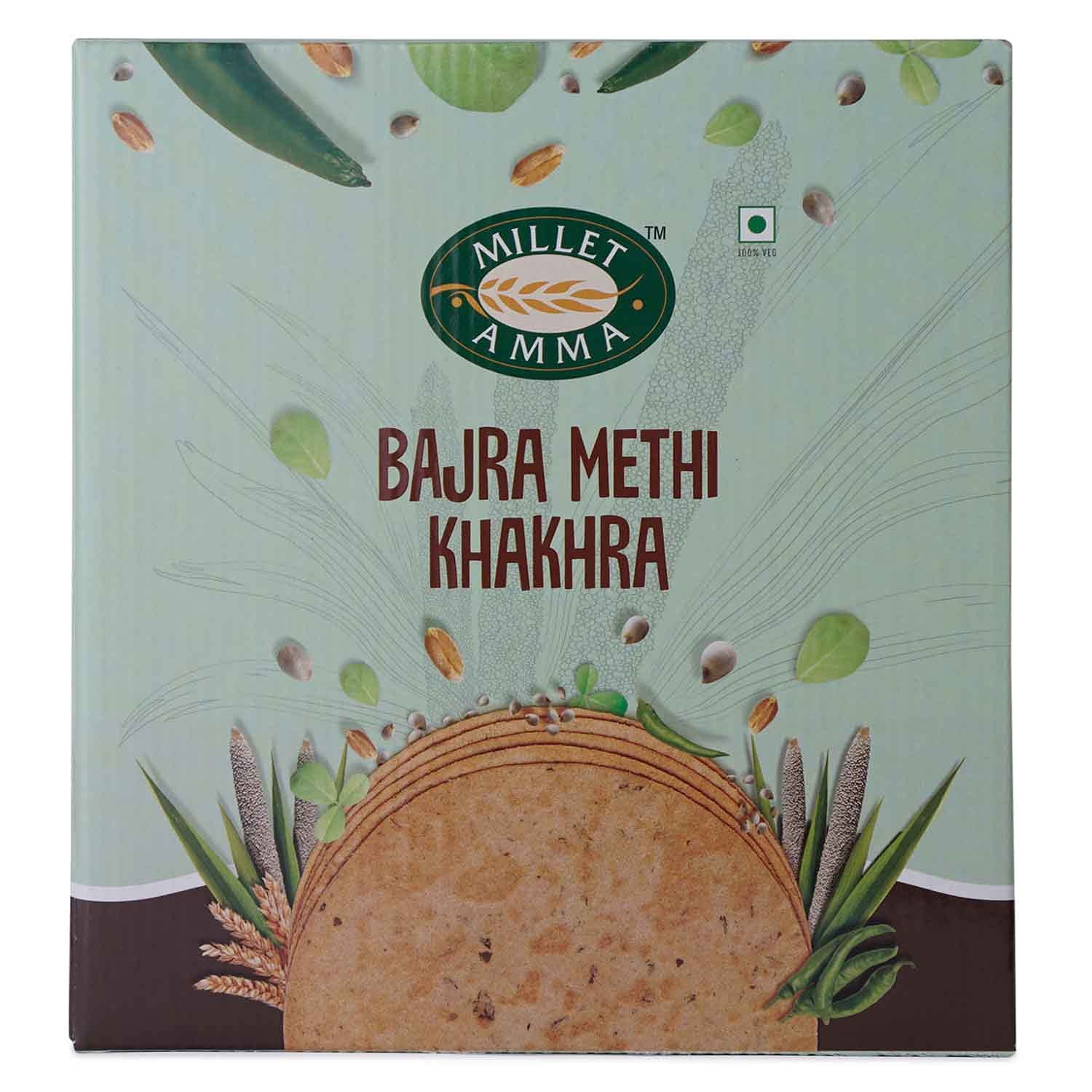 Millet Amma Bajra Methi Khakhra – Pack Of 2 (180g each), Baked, No Added Preservatives, Full Of Fiber, 70% Millet Content, Ready To Eat, Millet Snacks, Healthy Foods, Gluten Free, Vegan.