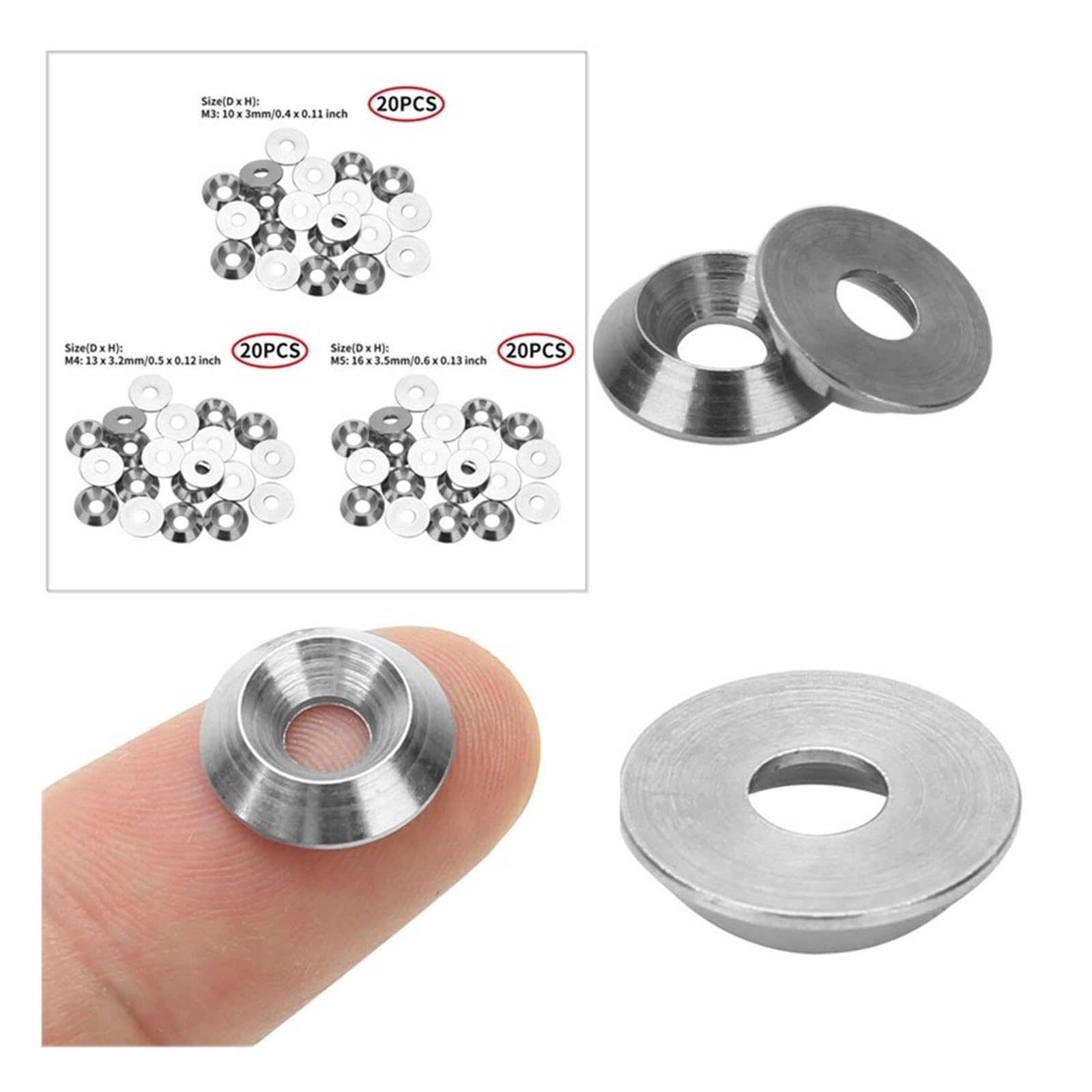Junta de culata avellanada， 20 arandelas de acero inoxidable 304, cabeza cónica, junta de tornillo, arandela cónica, cuña, arandela de seguridad de resorte M3/M4/M5(M5)