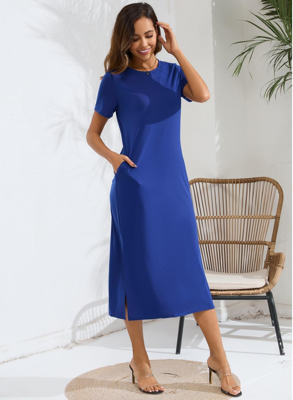 Naggoo Womens Short Sleeve Split Maxi Dress Casual Plain Tie Dye Print Tshirt Long Dresses with Pockets - Image 5