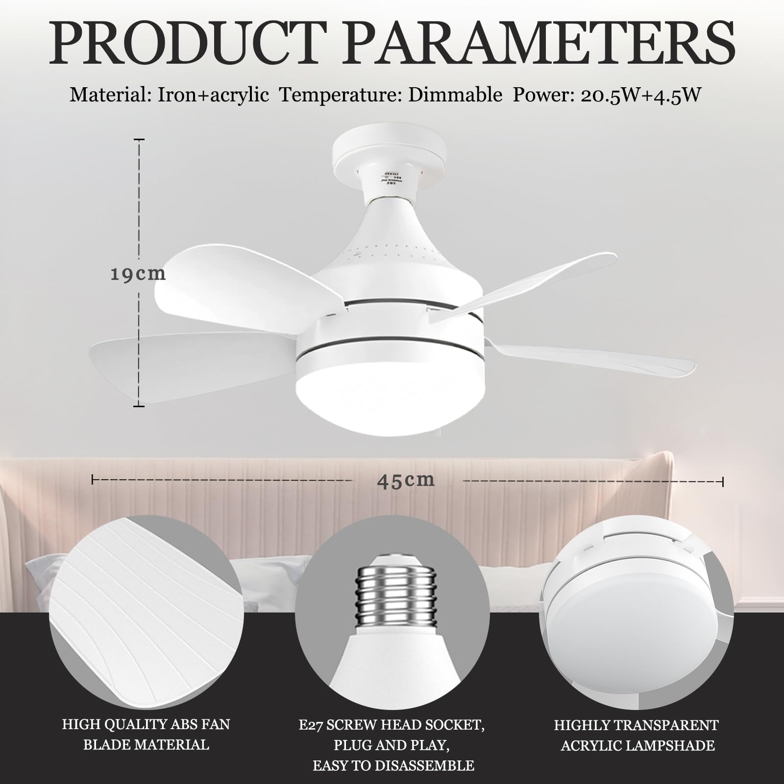Ventilateur De Plafond Blanc 45 Cm Avec Lumière LED - Silencieux Et Télécommande