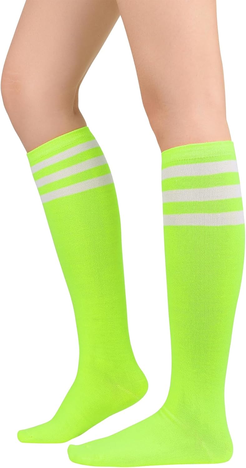 Century Star Knee High Striped Socks for Women - Long Thin Tube Sports Thigh High Socks Tall Stockings 1 Pack Neon Green White