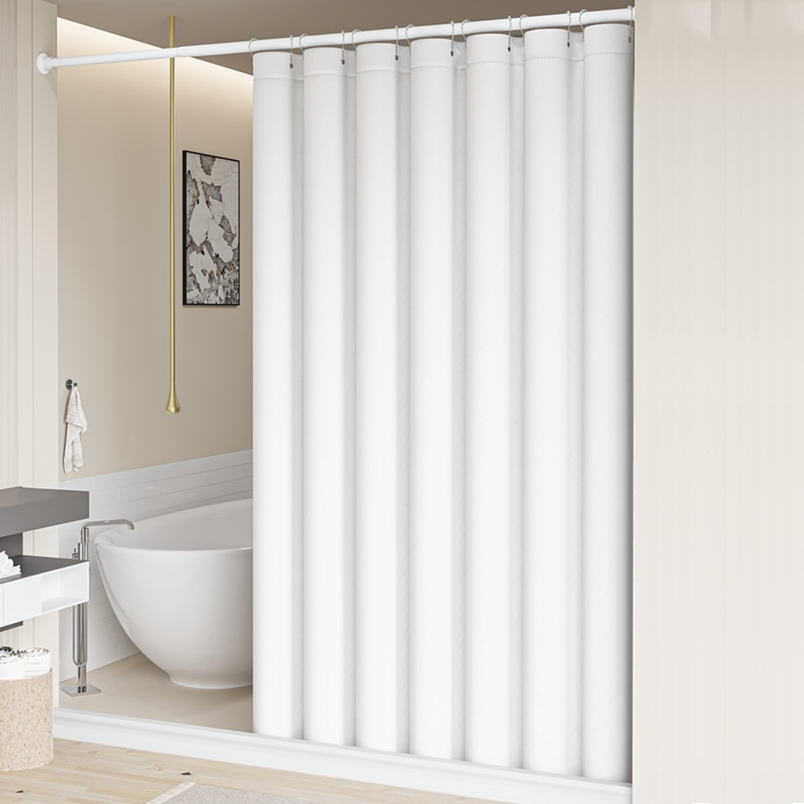 Cortina de ducha blanca de 152 x 198 cm, tela de poliéster con dobladillo pesado, aspecto de lino, cortina de ducha impermeable con ganchos, ideal para decoración de baño