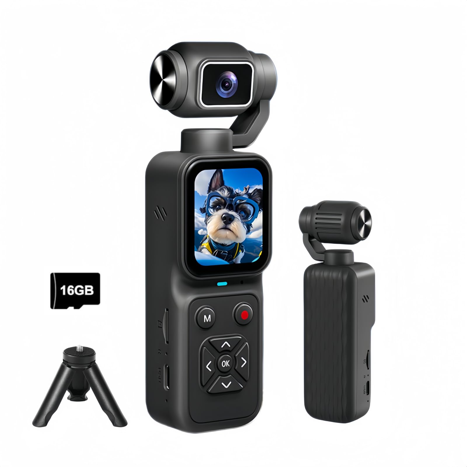 Videocamera Vlogging con Video, Pocket Action Camera, Videocamera Digitale per Fotografia, Fotocamera Digitale 180° Doppia Lente Rotante (16GB)