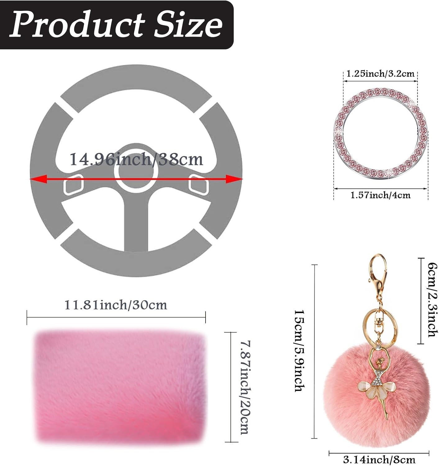 ZYNQACC 9 Pack Cute Bear Fluffy Car Accessories for Women Girls,Kawaii Fuzzy Steering Wheel Cover Universal 15 inch Plush Cute Ears (Pink)