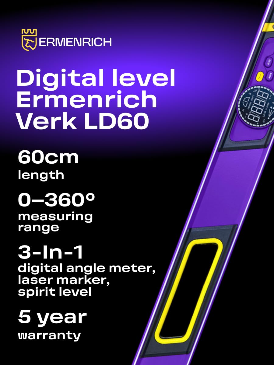 Verk LD60 Inclinometro Digitale, Livella a Bolla & Metro Laser | Strumento di Misura Angoli 3-in-1 con Laser a Croce Goniometro Elettronico Base Magnetica per Falegnameria e Fai da Te