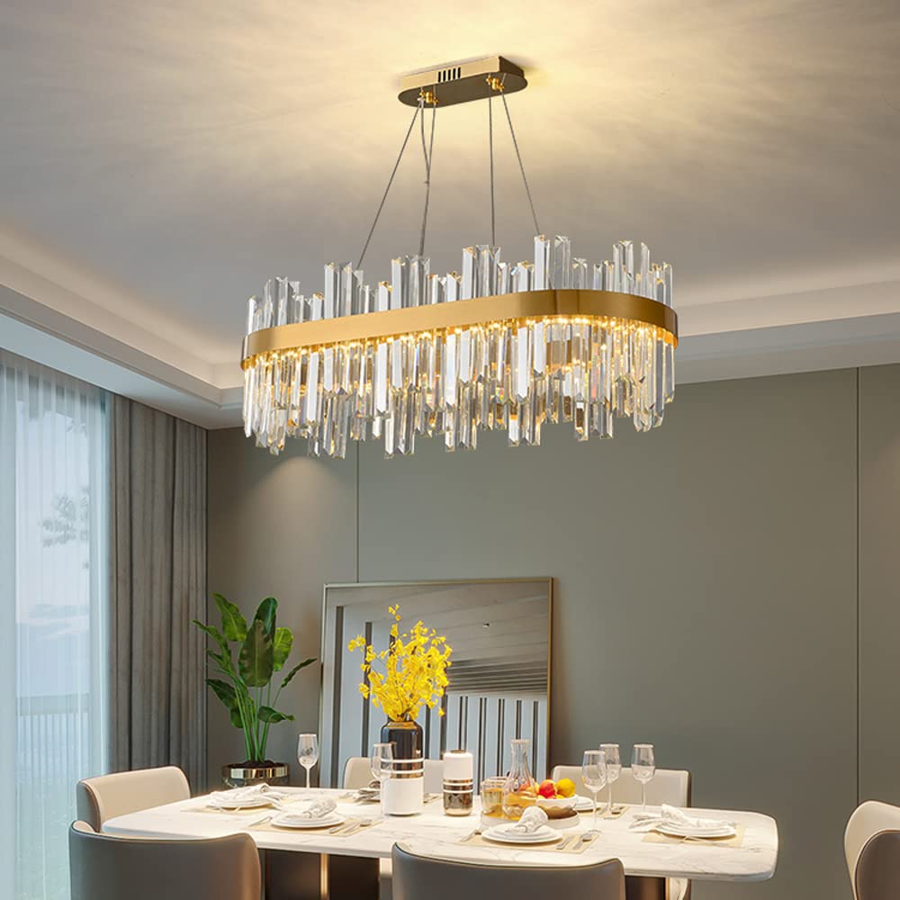 Elegante lampadario a cristalli ovale Lampadario a LED LED con cristalli chiari K9, catena di sospensione regolabile e finitura oro - ideale per soggiorno, sala da pranzo e atmosfera da camera da lett