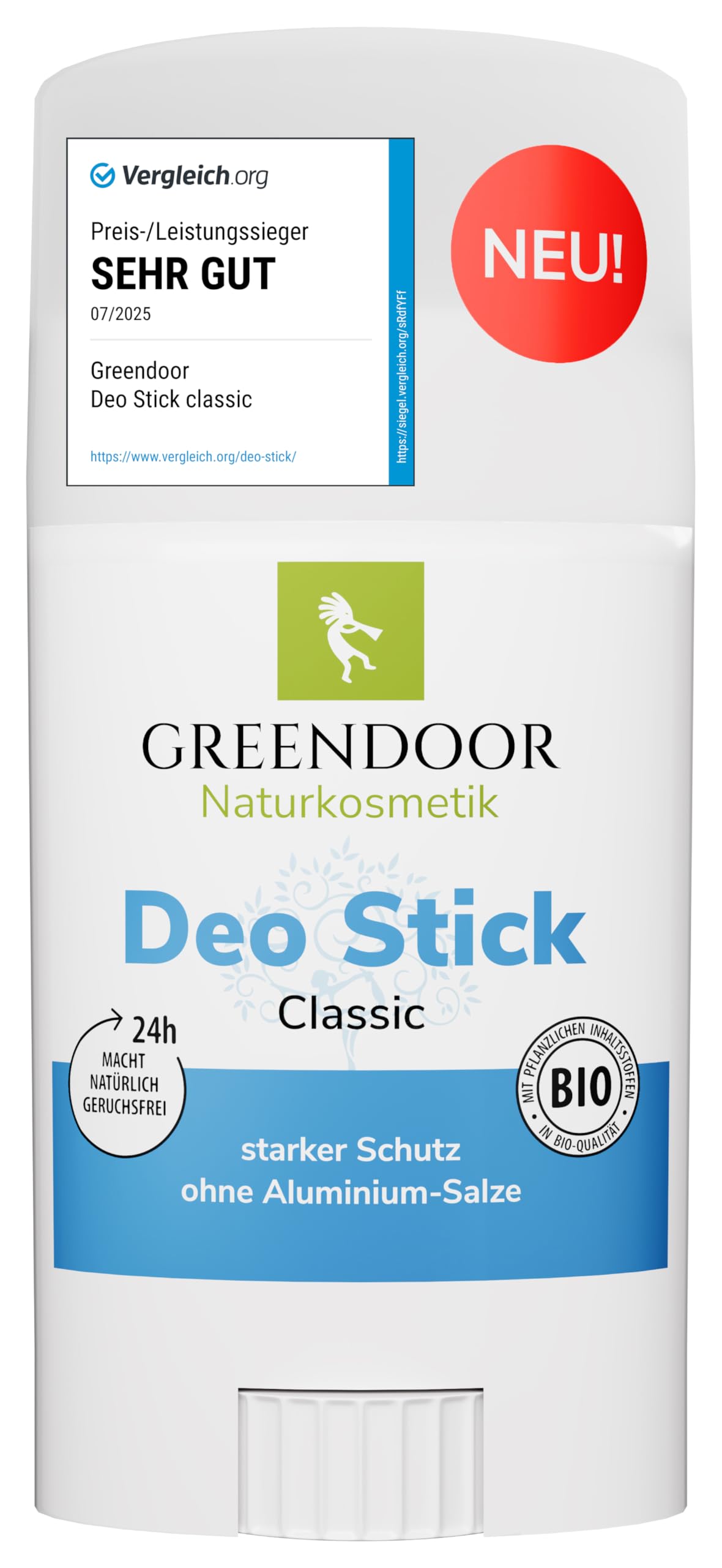 GREENDOOR Deo Stick classic 52g, Deodorant ohne Aluminium, langer starker Schutz vor Schweißgeruch, Deostift dezenter Duft, hygienische Kunststoffhülse mit Drehmechanismus, unisex Herren Damen vegan