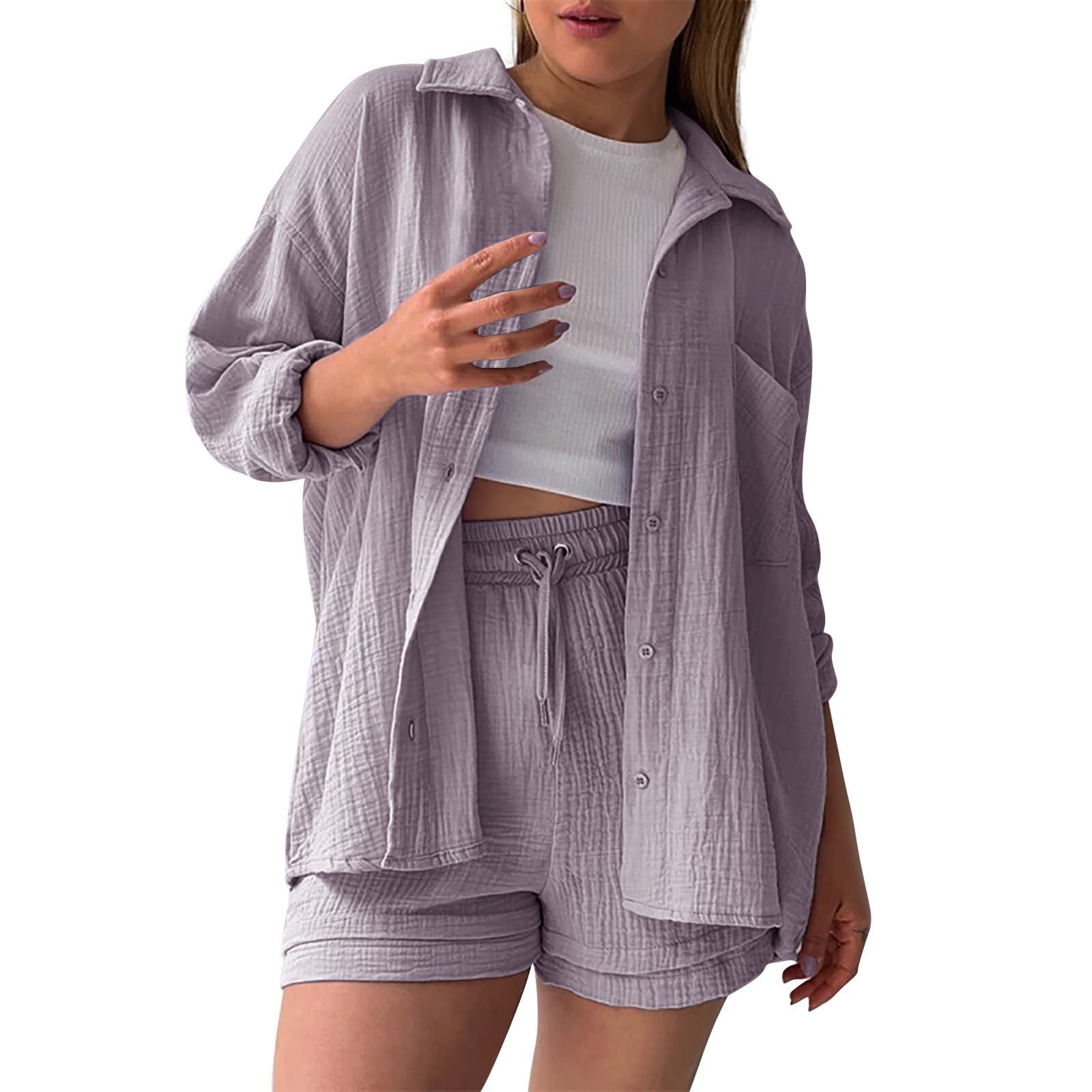 GOSEAGOTOFUN Two Piece Travel Sets for Women Long Sleeve Button Down Shirts and Shorts Set Casual Summer Oversized Tracksuit