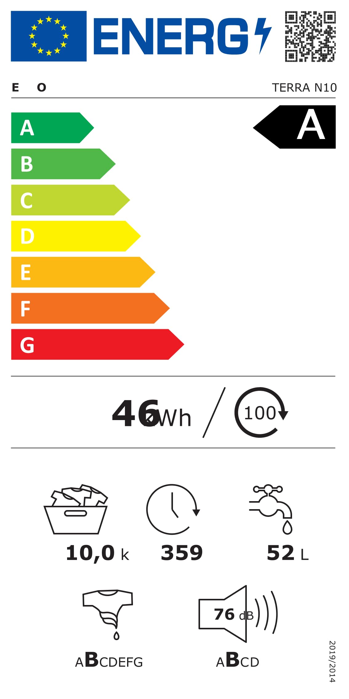 EVVO Lavadora Gran Capacidad TERRA N - Capacidad de 10 Kg, 1400 RPM, E. Energética A - Motor E-DRIVE Inverter, 16 Programas, Programa Rápido 15'