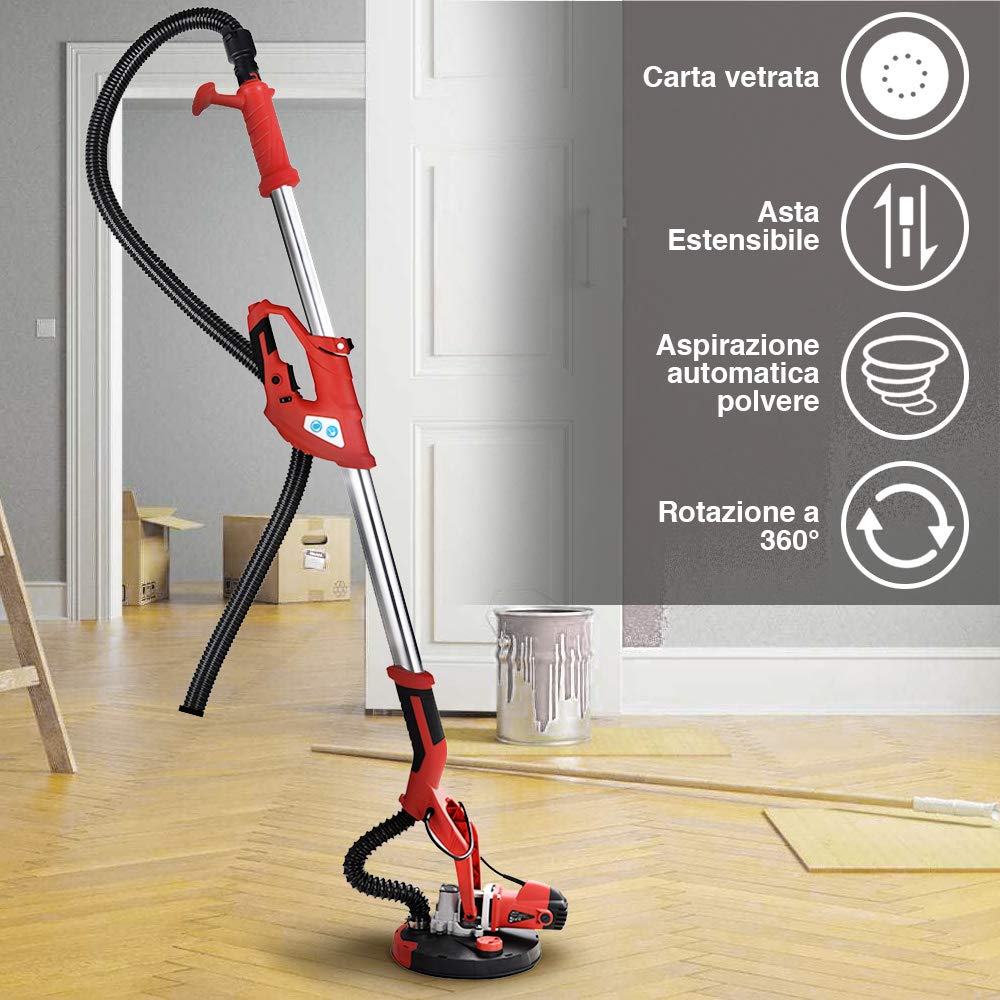 Bakaji Levigatrice Muro Soffitto Carteggiatrice Giraffa Cartongesso 750W Potenza 800-1750 rpm Aspirazione Polvere Automatica con Tubo Asta Telescopica e 6 Dischi Abrasivi 225mm Inclusi