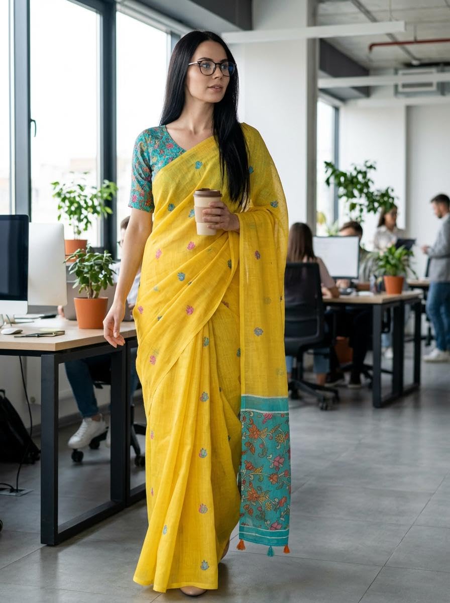 anand sarees Women's Printed Cotton Linen Saree With Unstitched Blouse piece-picture-33