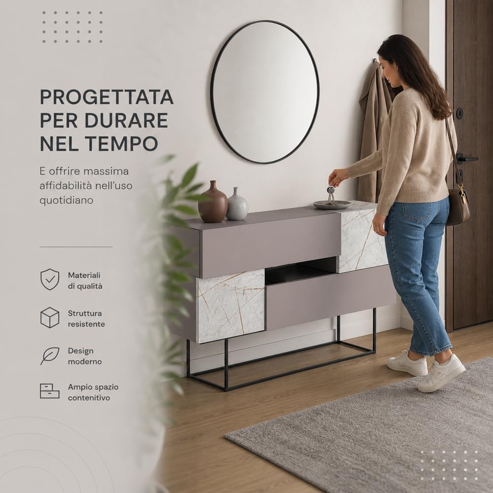 Shally Dogan Madia Consolle Design Moderno da Ingresso, Camera da Letto, Soggiorno, Ufficio, 2 Ante e 2 Cassetti, Mobiletto Salvaspazio, Chiusura Soft Close, 145 x 40 x 82 cm (Tortora e Marmo Bianco)