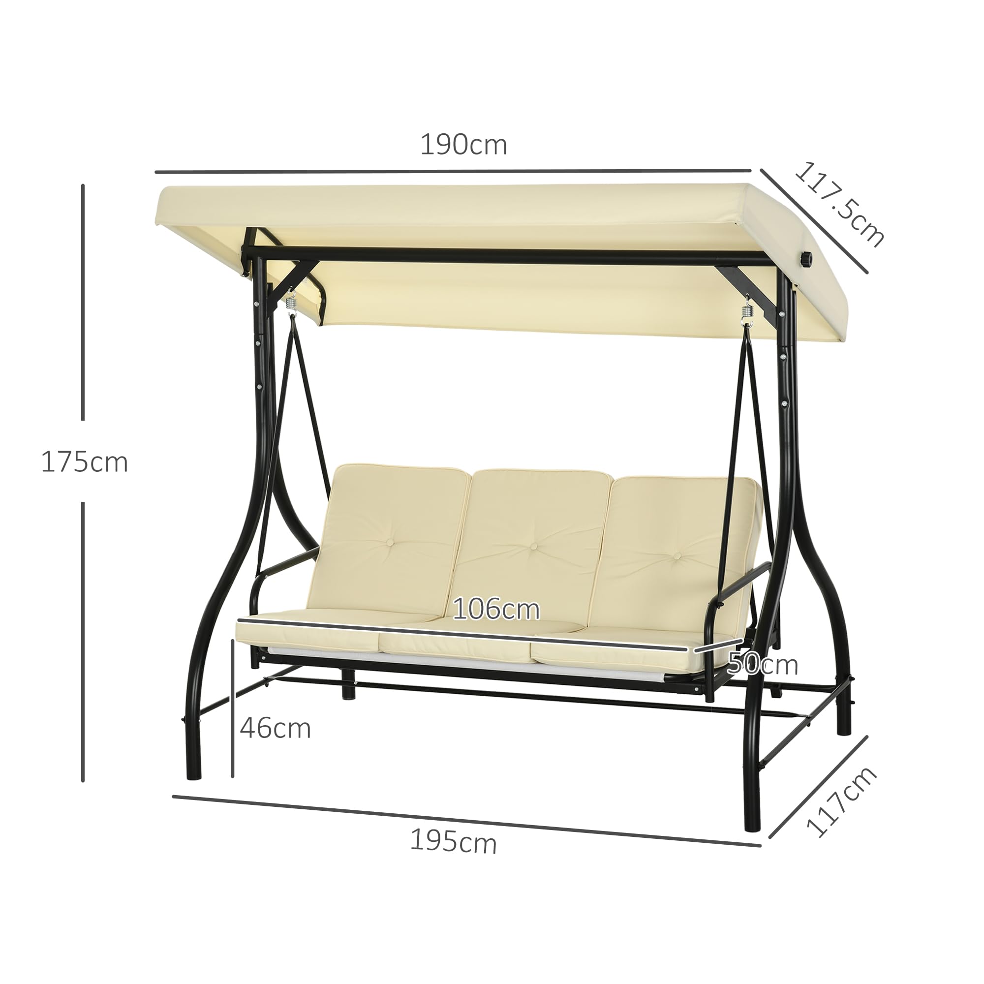 Outsunny Dondolo da Giardino 3 Posti, Dondolo Letto per Esterni con Tettuccio Regolabile, in Metallo e tessuto Teslin, Beige e Nero