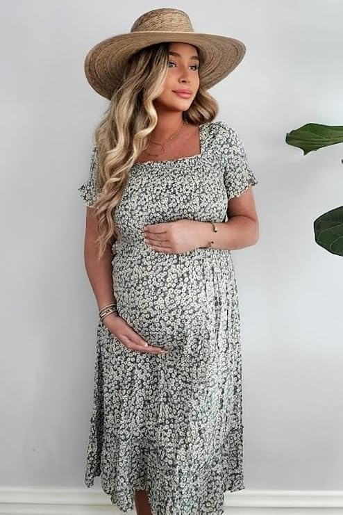 PinkBlush Light Floral Ruffle Maternity Midi Dress