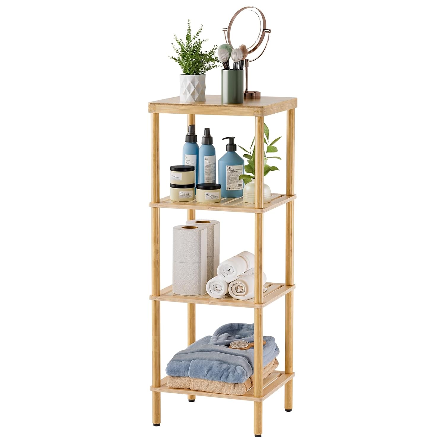 AmazerBath Bamboo Bathroom Shelf, 4-Tier Bathroom Storage Shelf, Multifunctional Storage Rack for Living Room Bedroom Kitchen, Space Saver