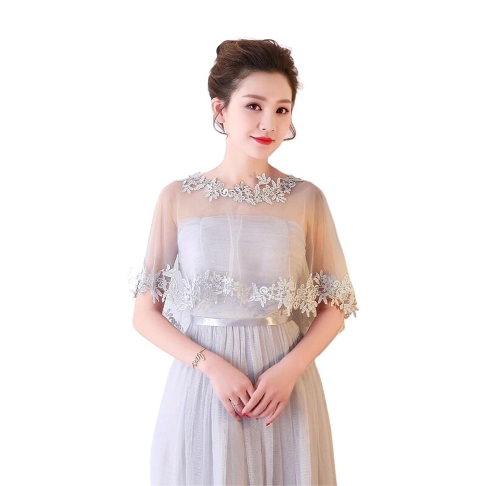HEUchuan Wedding Dress Shawl O-Neck Lace Bridal Wedding Elegant Women Cape Tulle Evening Prom Cape Shawl(Grey)