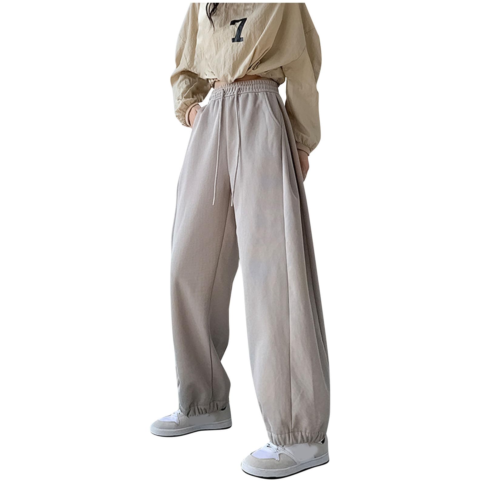 Ladies Pants, Comfort High Waisted Baggy Long Pants, Workout Casual Elastic Waist Trousers