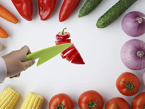 Miniatura 3 de RHY Juego de 3 cuchillos de cocina de plástico de 3 colores, 3 tamaños, cuchillo de nailon para niños, cuchillos de cocina de seguridad para niños,