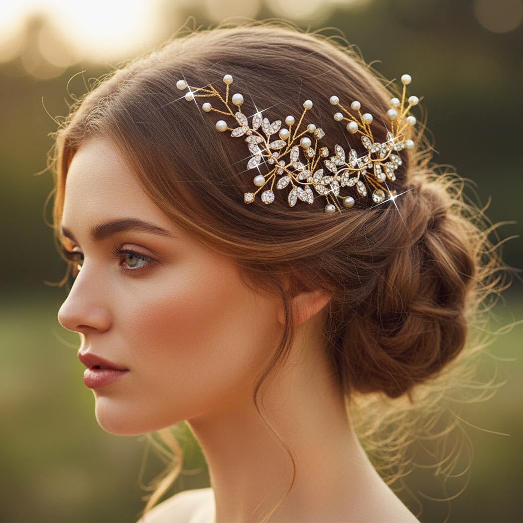 Unsutuo Bridal Crystal Headband Gold Rhinestone Hair Vine Pearls Wedding Accessories for Women and Girls(Gold) image 5