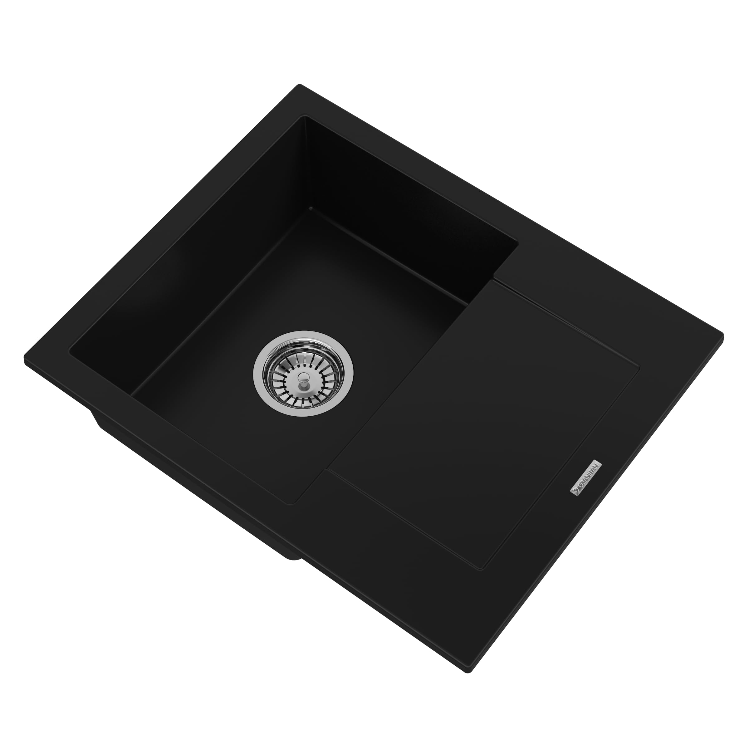 GRANITAN Zlewozmywak BELLO z syfonem i impregnacją – zestaw zlewozmywaka kuchennego – nowoczesny zlewozmywak granitowy 47x57 cm – zlew do kuchni z syfonem chromowanym – czarny