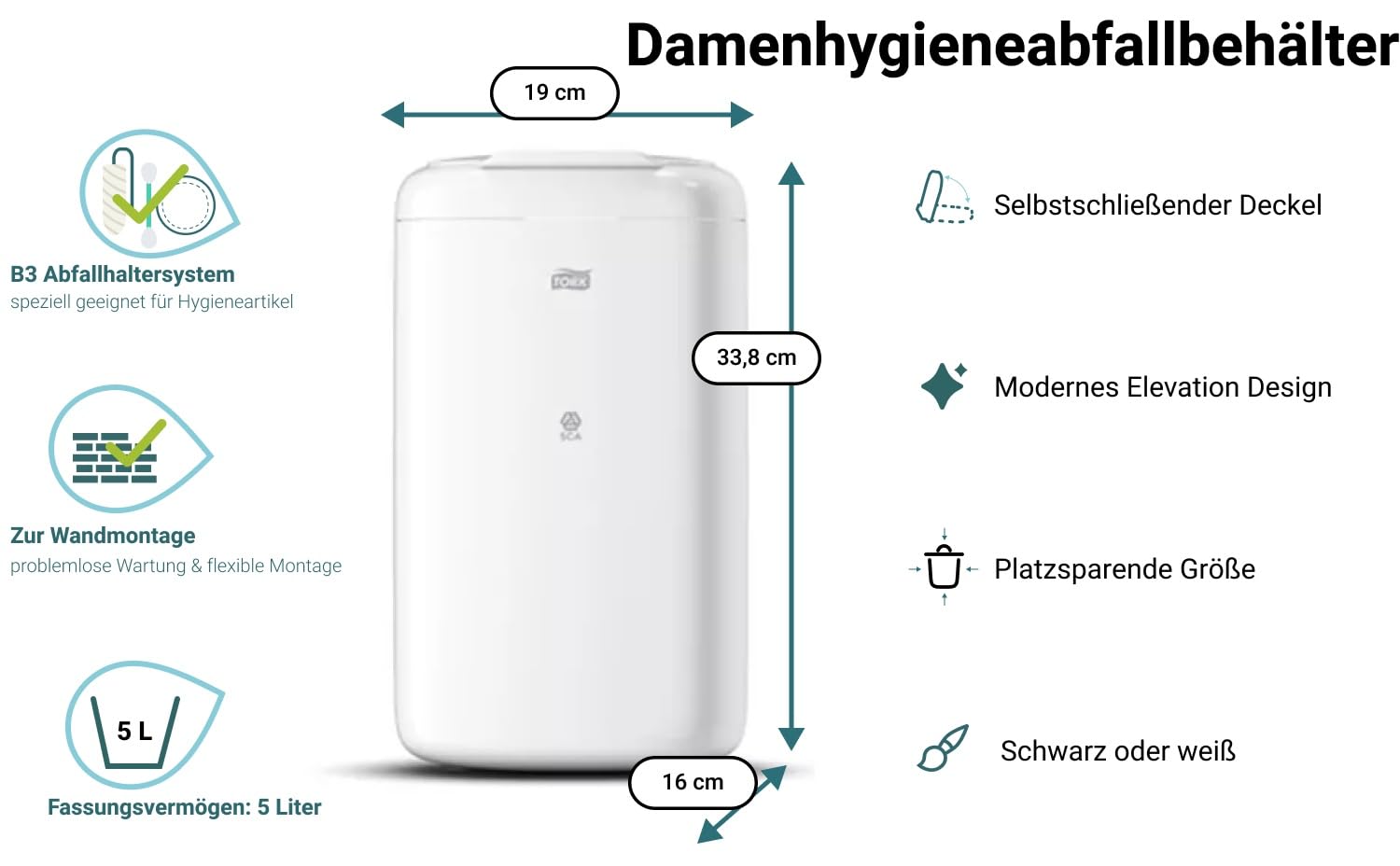 Damenhygiene-Abfallbehälter B3 Weiß | Selbstschließender Deckel, Wand- & Bodenmontage, Elevation Design, platzsparend