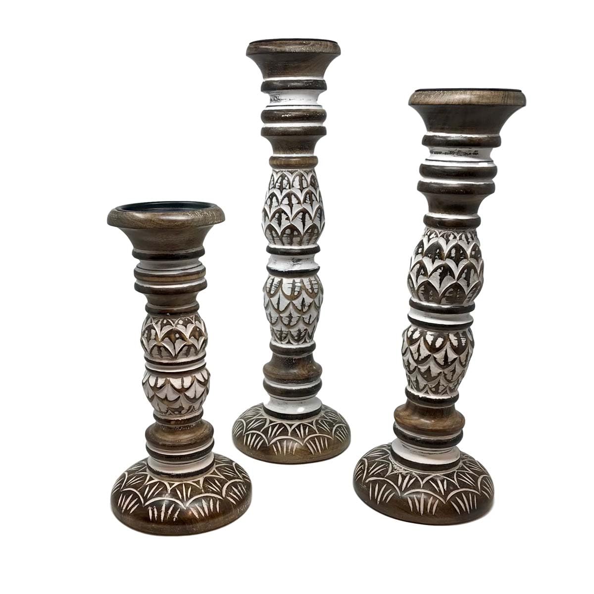 Coastal Carved Candle Holders - Set of 3