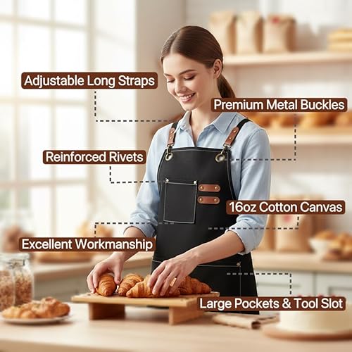 Miniatura 5 de Delantal de chef para hombres y mujeres con bolsillos, delantales resistentes para jardinería, barbacoa, espalda cruzada, lona para cocina, trabajo,