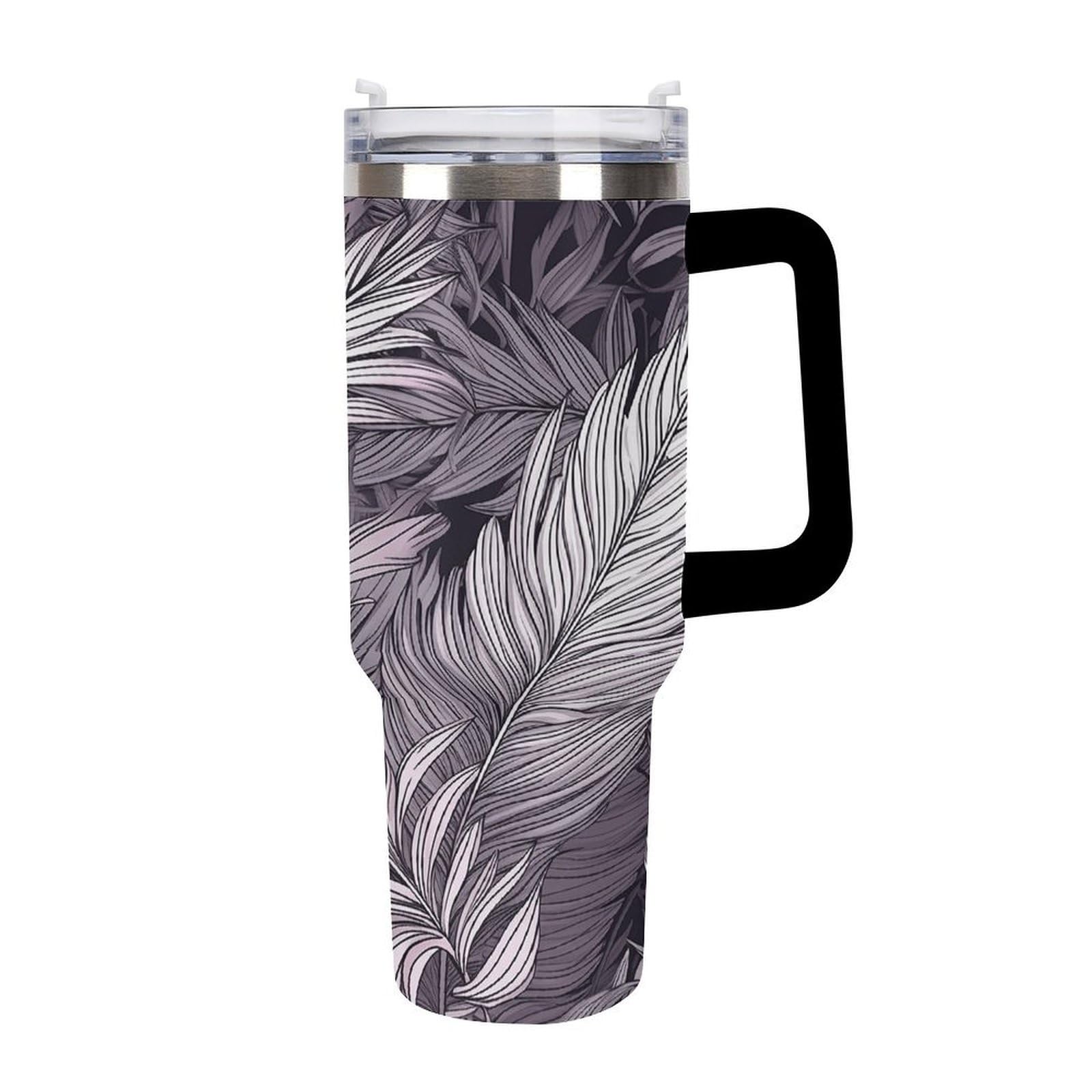 Tazas de hojas de palma moradas con popote y asa, taza de café con aislamiento al vacío de doble pared, botellas de agua para café helado, té, bebida caliente y fría