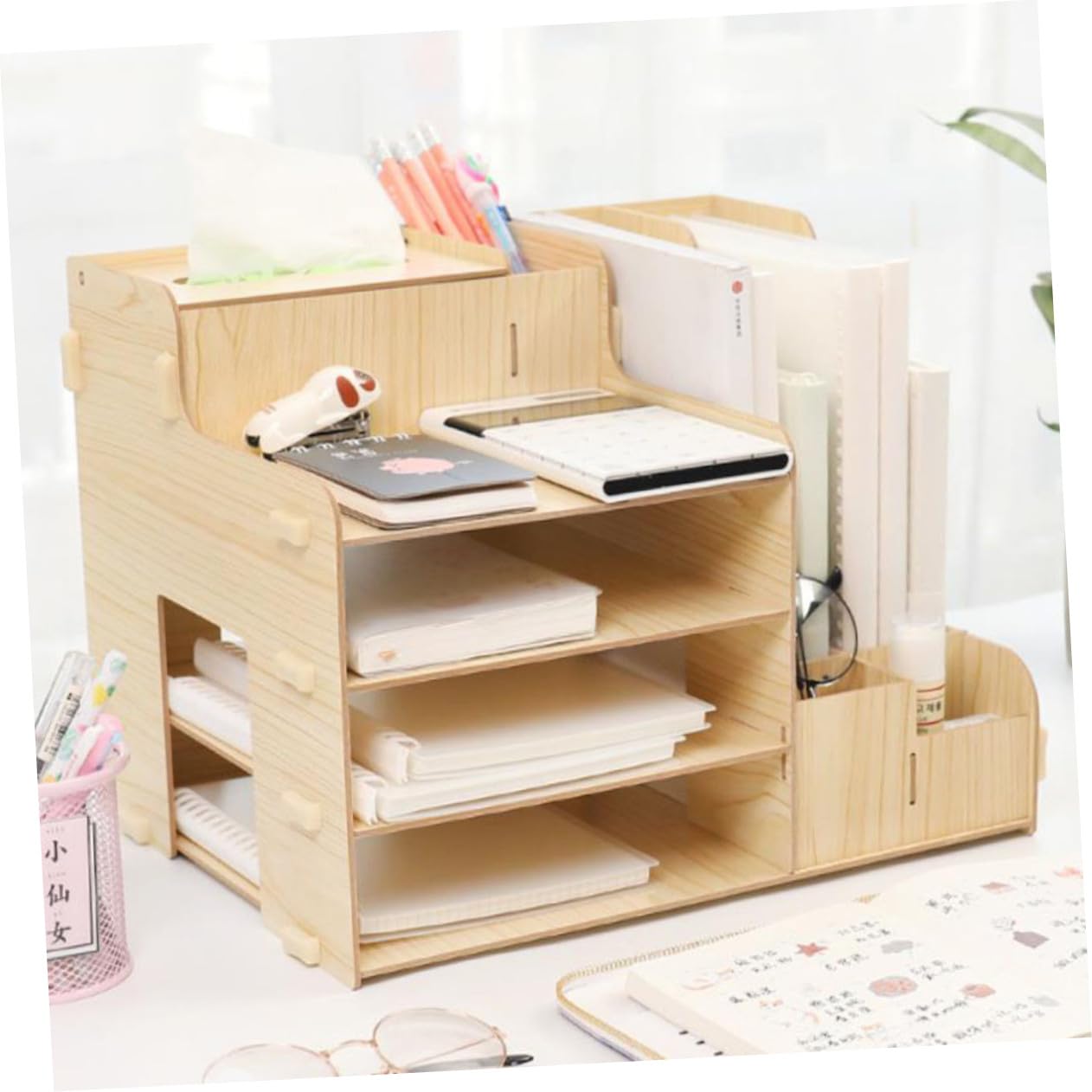 Organizador de Escritorio con Compartimentos Múltiples Rack de Almacenamiento para Soporte para Libros y Papelería Diseño Sólido y Estable para Oficina y