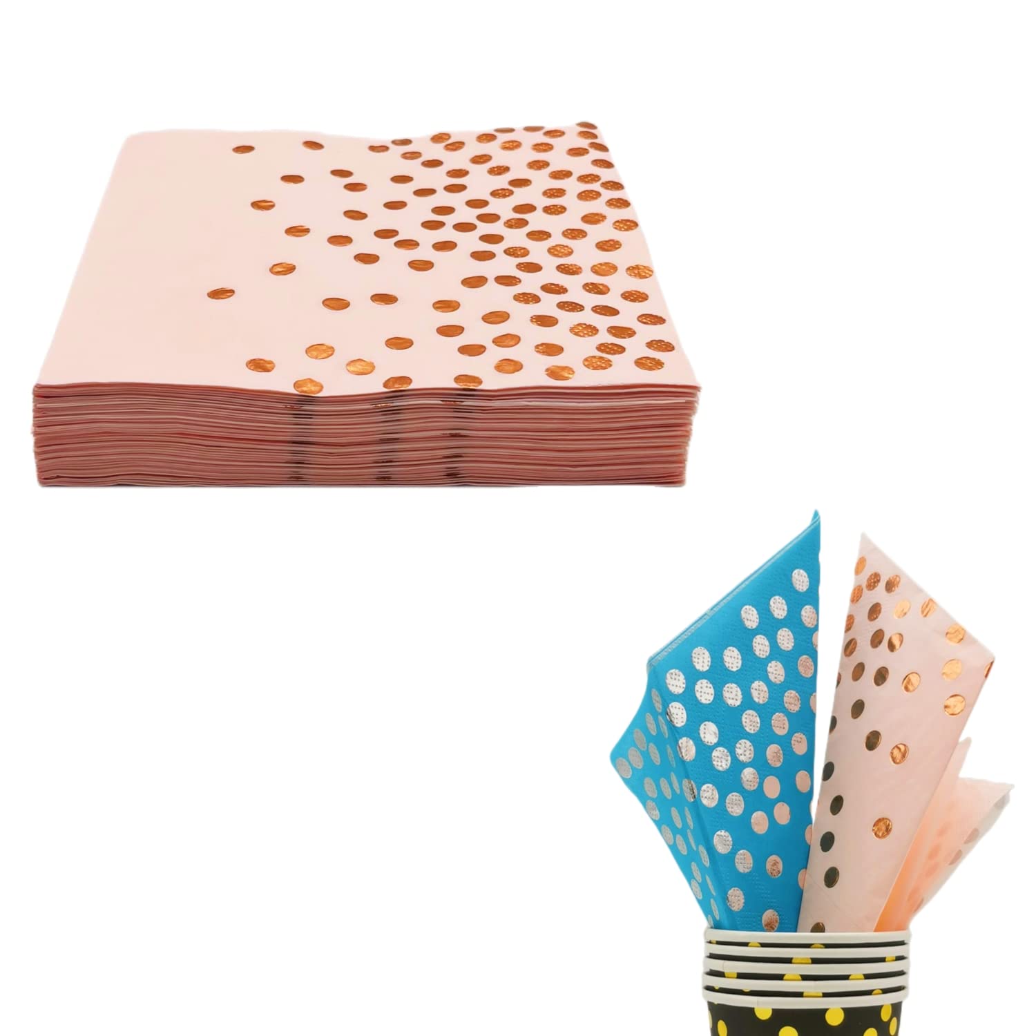 Pink and Rose Gold Party Napkins, CEILIWEN Polka Dots Party Napkins 50 Pack, 33x33CM Napkins Serviettes, Pink Serviettes Napkins Kids Party Napkins Disposable Party Napkins