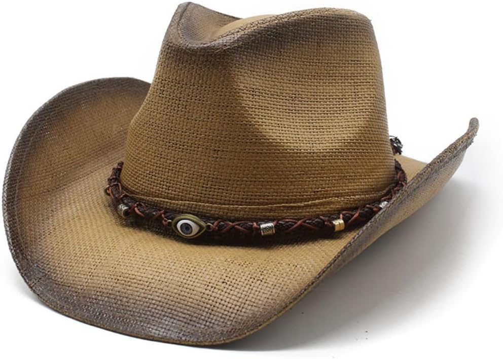 Western Cowboy Hat with Braided Band, Brown Straw, Wide Brim