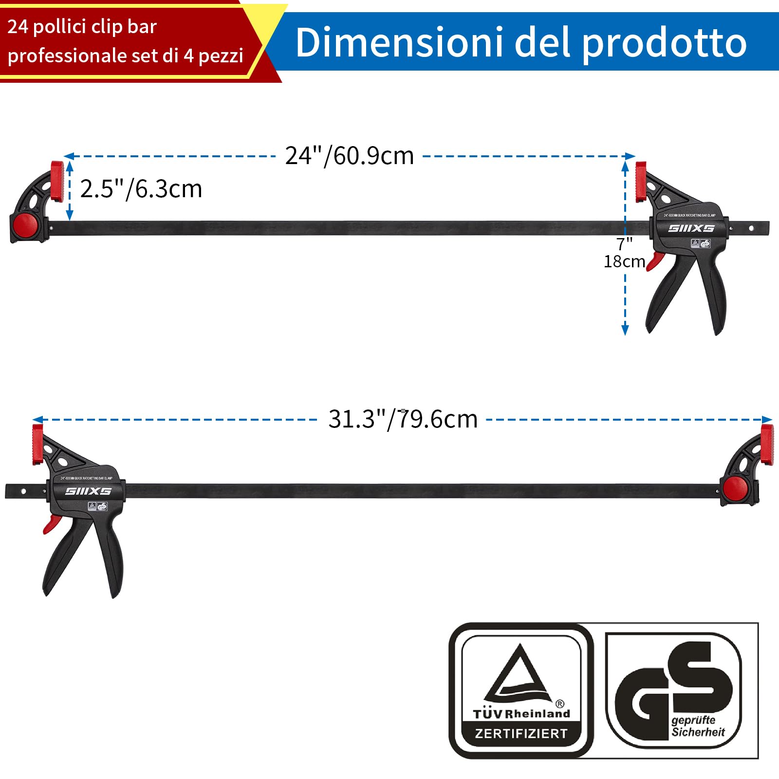 SIIIXS Morsetti da Falegname 4 Pezzi, Set di Morsetti per Legno a sgancio rapido da 609 mm per il Serraggio e l'allungamento, Morsetti a barra Serraggio 80 kg, Con certificato GS