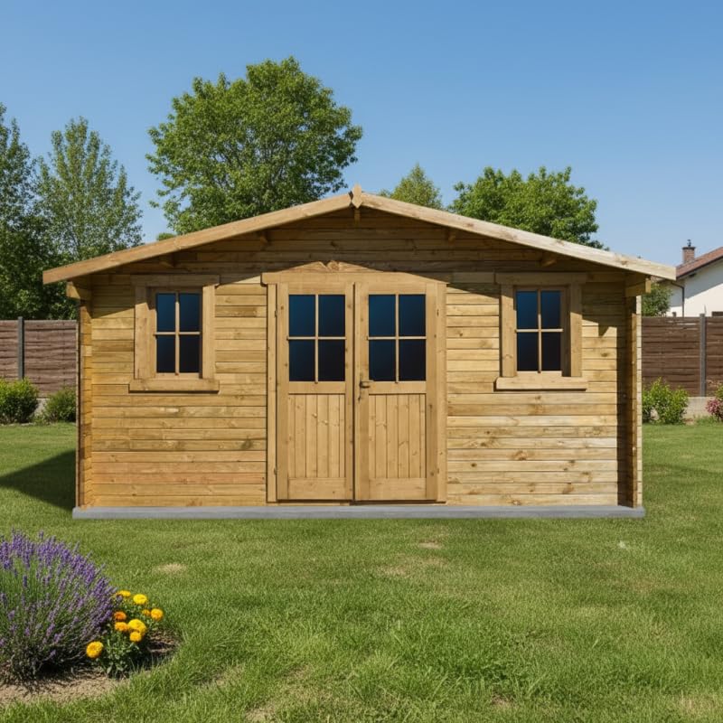 Gardy Shelter Abri de Jardin Bois Massif Traité 16m² | Toiture Voliges 20mm, Double Porte, 2 Fenêtres, Traitement Marron | Kit Fondation, Résistant...