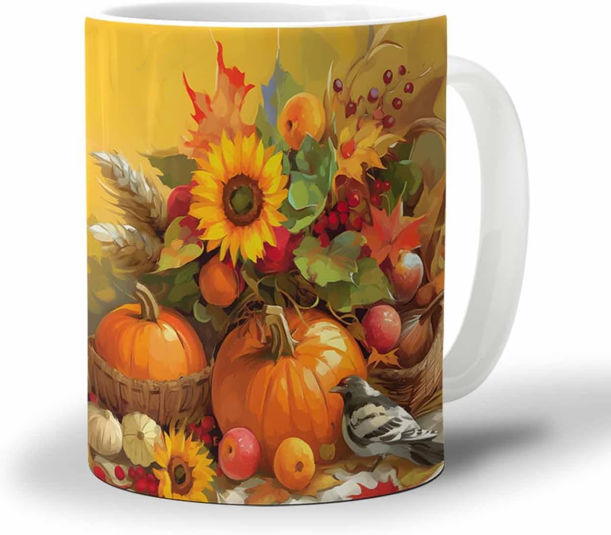 BEMIGO Ceramic Coffee Mug Fall Pumpkin Fruit Ceramic Mug White Cup, Floral Oil Painting Insulated Coffee Cup with Handle with Pattern Perfect for Tea and Hot Beverages, 12oz