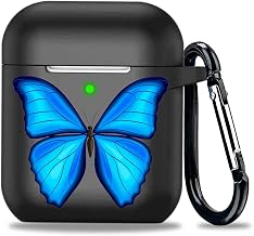 Airpod Case Soft Silicone Flexible Skin Butterfly, YOMPLOW Earpod Case Cover for Apple AirPods 2&1 for Girls Women with Keychain (Black + Blue Butterfly)
