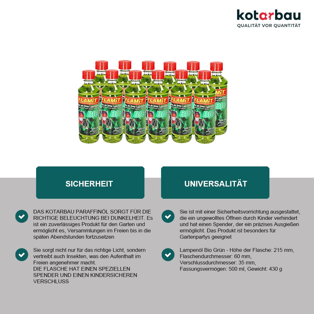 KOTARBAU® Lot de 12 flacons à pétrole pour lampes à huile 500 ml d'huile pour torches de jardin (vert bio)