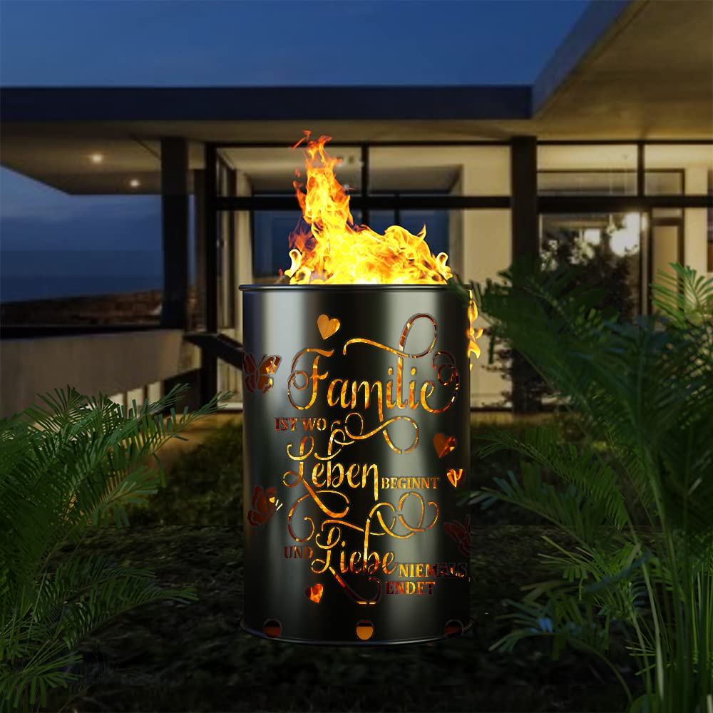 Feuertonne mit - Familie - Motiv - Gefertigt aus neuem Ölfass - Besondere Feuerstelle für Garten und Terrasse - Hohe Feuerschale mit Rostoptik - 90 x 60 cm