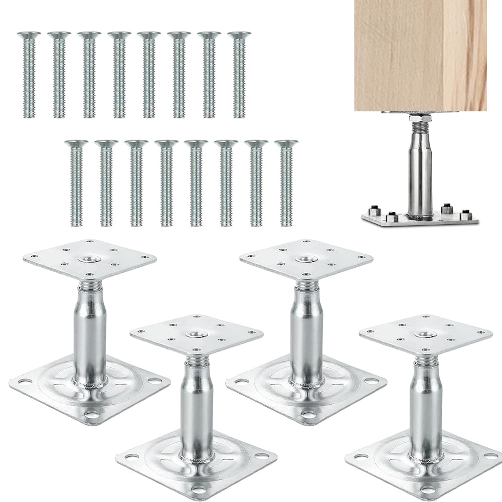Lot de 4 supports de poteau réglables en hauteur avec 16 vis galvanisées 100-150 mm Support de poteau à visser sur film galvanisé épais passivé