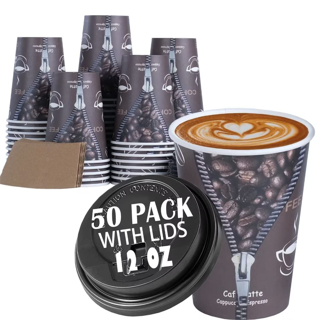 Photo 1 of [50 Pack] White Coffee Cups with White Dome Lids and Brown Sleeves - 12oz Disposable Paper Coffee Cups - To Go Cups for Hot Chocolate, Tea, and Other Drinks - Ideal for Cafes, Bistros, and Businesses 50 12 oz