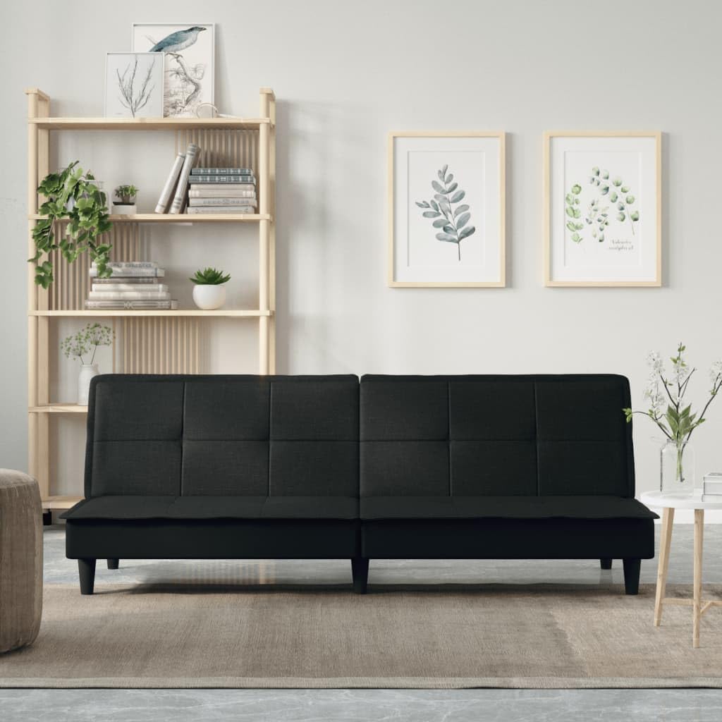 Schlafsofa Schwarz Stoff 200 cm Breit Modernes 3-Fach Verstellbares Rückenlehnen Design aus Kunstleder & Polyester für Wohnzimmer Gästezimmer Büro