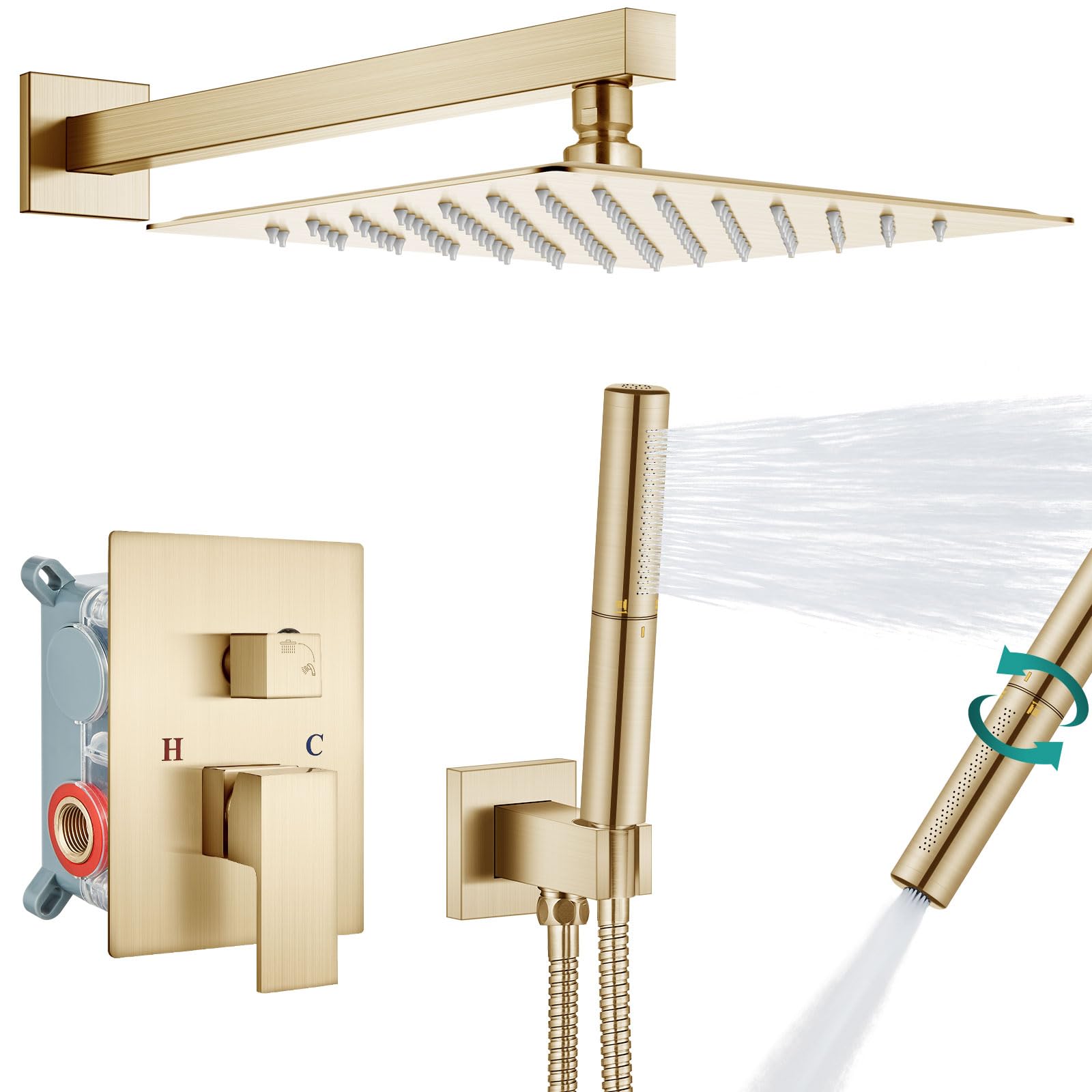 Aolemi Shower System with Rainfall Shower Head and Handheld Wall Mount,High Pressure Shower Faucet Set Fixture Combo with 2 in 1 Handheld Spray Rough-in Valve,12 Inch Shower Head Brushed Gold